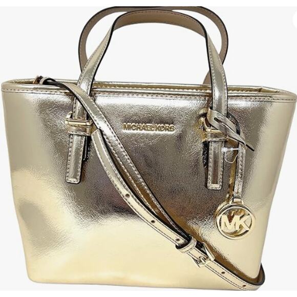 Michael Kors XS Carry All Jet Set Travel Tote Pale Gold Metallic Leather NWT - Picture 1 of 6